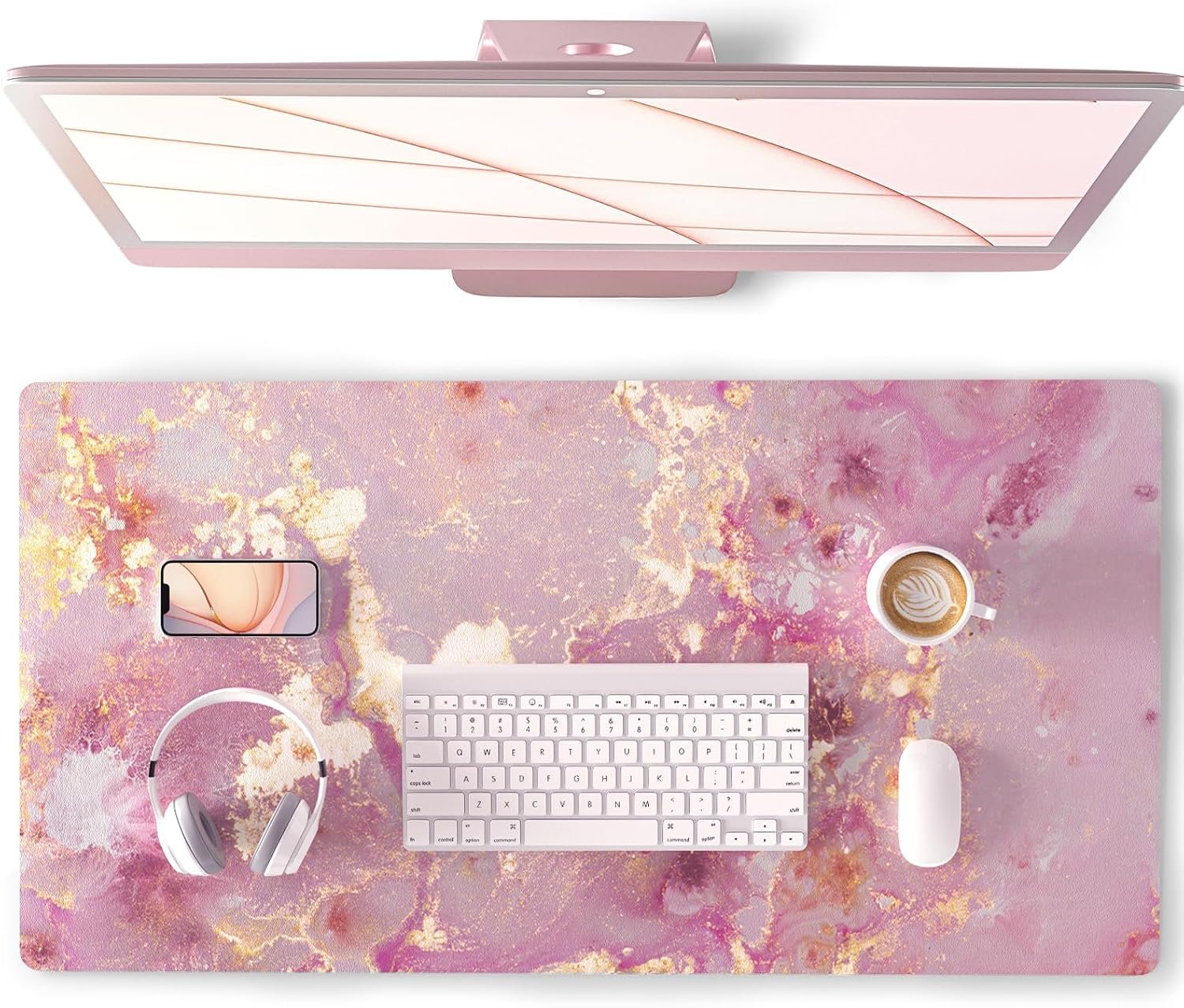 QiyI PU Leather Large Mouse Pad, Office Decor, 31.5" x 15.7", Rose Gold Desk Décor Accessories, Extended Size, Waterproof & Easy to Clean, Smooth Surface, Non Slip Desk Organization